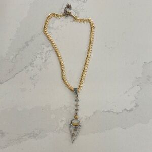 Gold and Silver Lariat Necklace with Crystal Pendant